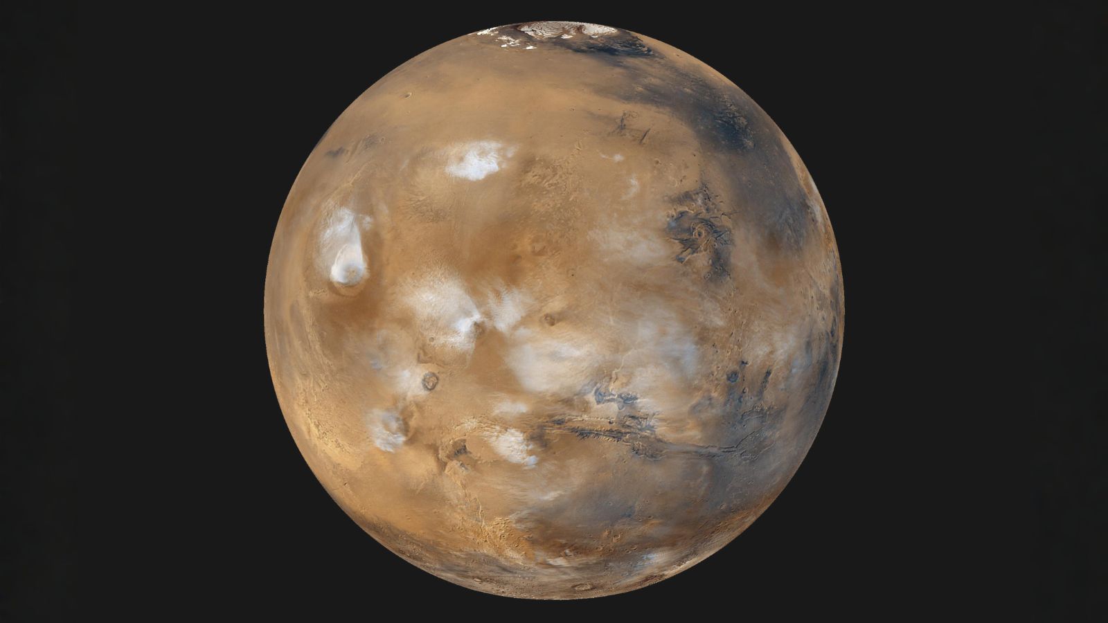 Vue globale de Mars et de sa surface rougeâtre observée par Mars Global Surveyor